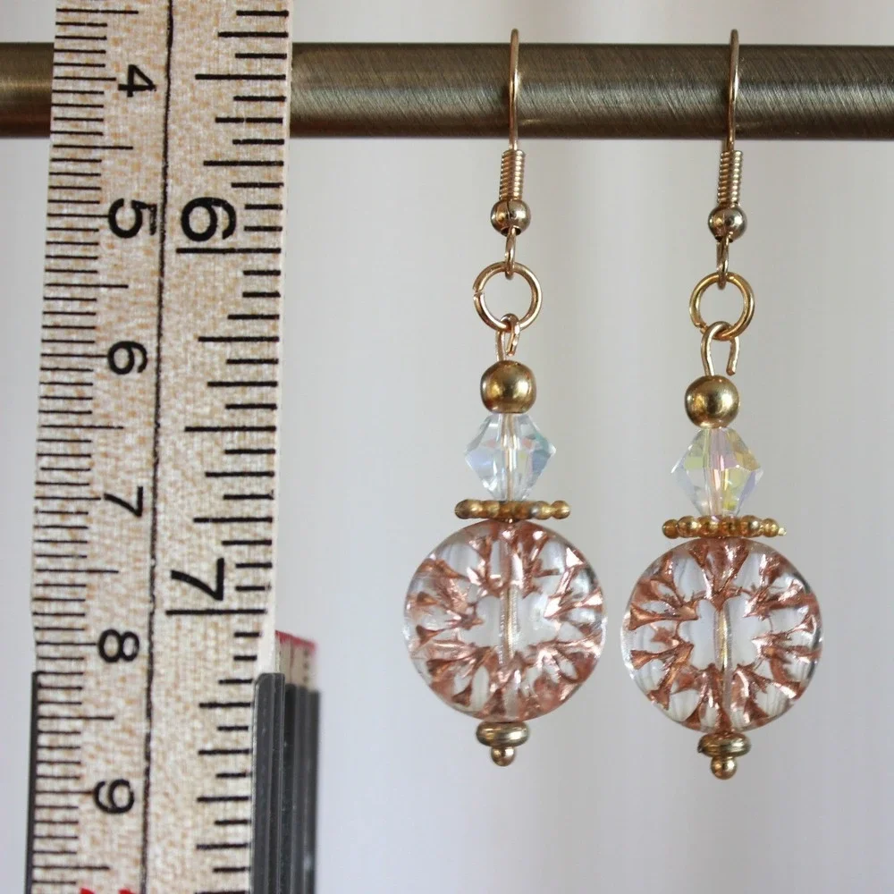 Handmade‎ Rose Gold Filigree Glass Drop Earrings Iridescent Crystal Dangles E9